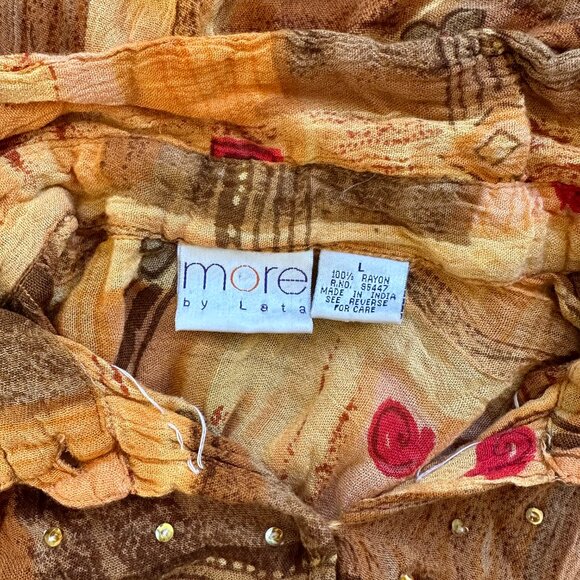 Vintage 90s Button Up Shirt Abstract Print Glass Beads Embroidery Safari Sheer - Picture 5 of 6